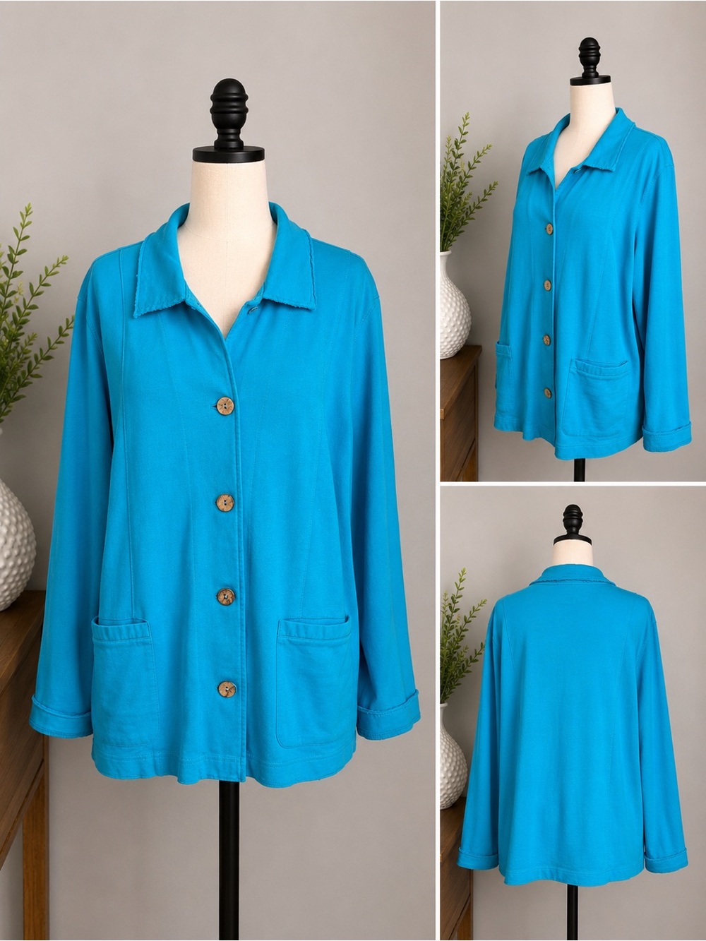 Wild Palms Turquoise Knit Jacket Cardigan XXL Button Front Lightweight Coastal